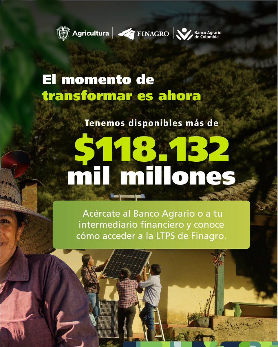 Finagro's tweet photo. 🏦 Acércate al Banco Agrario o demás bancos y cooperativas  y acceso a la Línea de Transformación Productiva Sostenible de Finagro. https://t.co/vK21y2DVtY