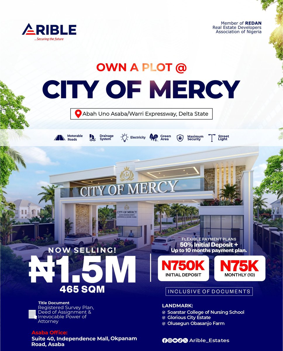 Arible_Estates's tweet photo. 🏡 Own a plot at City of Mercy for just ₦750K down payment!

📍 Abah Uno, Asaba/Warri Expressway
💰 ₦1.5M (465sqm)
✅ Flexible payment plan
✅ Secure documents included

Don’t wait for prices to rise.

📞 08119333881

#CityOfMercy #AsabaRealEstate #LandForSale #AribleGroup https://t.co/WG6fmrFI1d