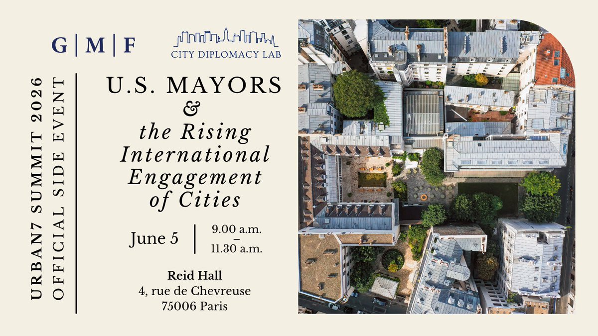 CityDiploLab's tweet photo. 🇺🇸 How are U.S. cities asserting their international voice at a moment of unprecedented global turbulence?
On June 5, @CityDiploLab &amp; @gmfus host U.S. mayors + international executives at Reid Hall, Paris — closing side event of #Urban7 2026. 
Free → https://t.co/1dHqWaT1oM https://t.co/d8yaSi8Eca
