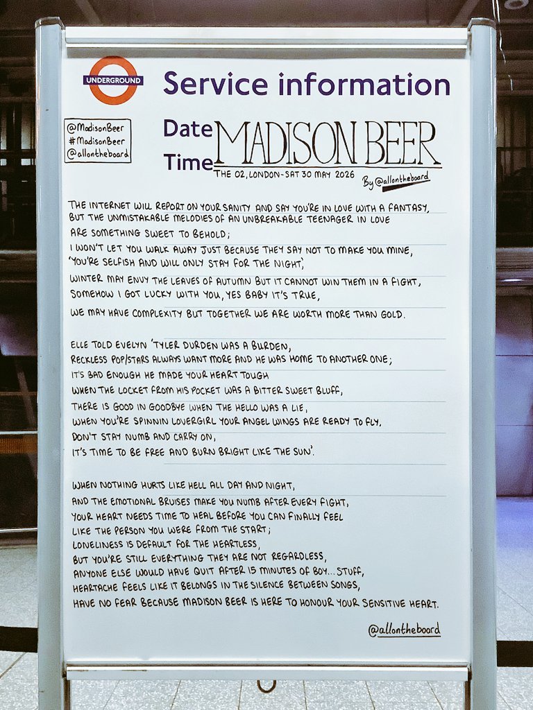 allontheboard's tweet photo. Dear Society the one and only Madison Beer will be performing in @TheO2 on Sat 30th May 2026. The Madison Beer poem we wrote is in North Greenwich station.

#MadisonBeer #TheO2 #allontheboard https://t.co/l2Jjx3kykA