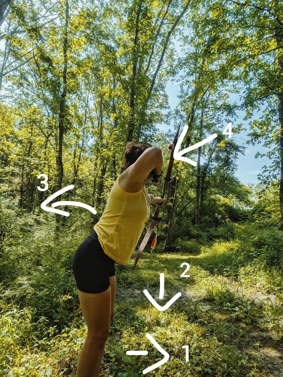 ArcherNormandie's tweet photo. Salutations les #ChassePartage et les Thouy-Teux 🙏🏹

Houla houla houla..... la position de l'Archère sur la première photo est de celles qui va vous coller des tensions dans tous le dos..... blessure à l'horizon !!

Si cette Archère est autant penchée en avant, c'est qu'elle touche sur l'avant bras.......le coude est hyperlaxe !!

Petite solution si vous vous trouvez dans cette situation...... ça marche aussi avec les femmes qui ont..... comment dire...... une belle avancée 🤣😍

Pour éviter de toucher l'avant bras, en 1,avancez simplement la jambe droite (ou gauche), ce mouvement va libérer de l'espace entre votre avant bras et la corde !

En 2,pensez à vous baisser légèrement, cela va apporter de la souplesse durant la séquence de tir et plus de stabilité 🏹

Pensez à redresser légèrement le torse, en 3, afin de ne pas donner trop de torsions sur votre colonne vertébrale !

Armez votre arc en gardant le coude dans l'alignement de la flèche, en 4, voir très légèrement relevé mais pas trop, car non seulement vous allez vous blesser mais vous perdez aussi en force !

Dès que possible, je vais vous faire une vidéo sur cela 🙏🏹

#Archerie
#TirALarc