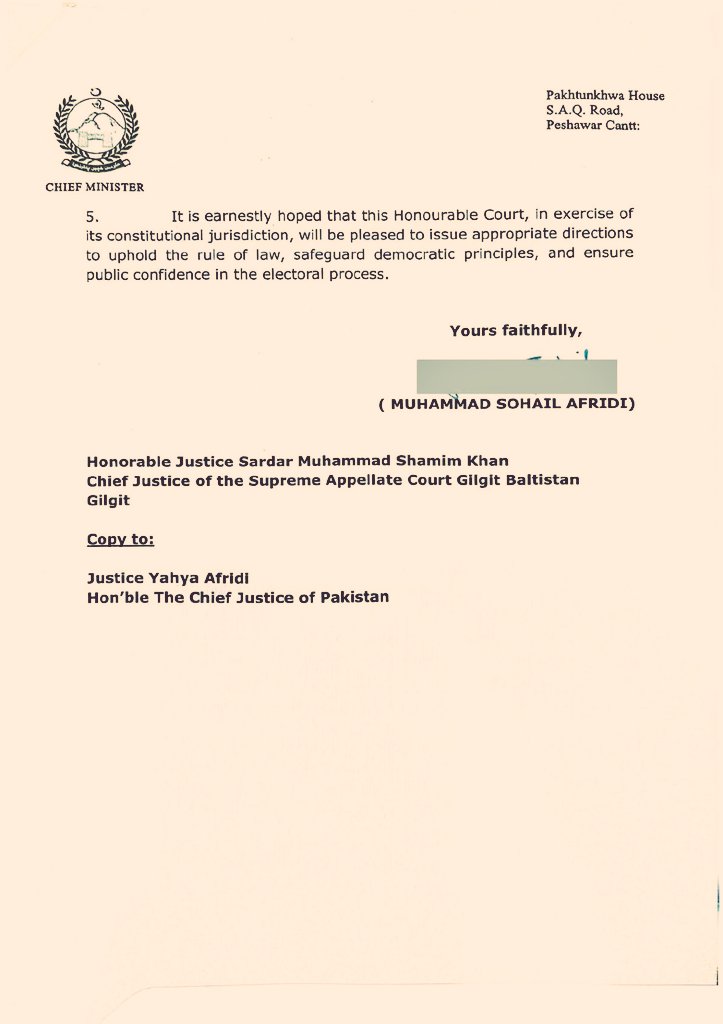 writetofahim's tweet photo. وزیراعلی سہیل آفریدی کا گلگت بلتستان کے انتخابات میں شفافیت کیلئے چیف جسٹس سپریم اپیلیٹ کورٹ گلگت بلتستان کو خط، تشویشناک صورتحال پر عدالتی مداخلت کی درخواست https://t.co/25NE7bxUpg