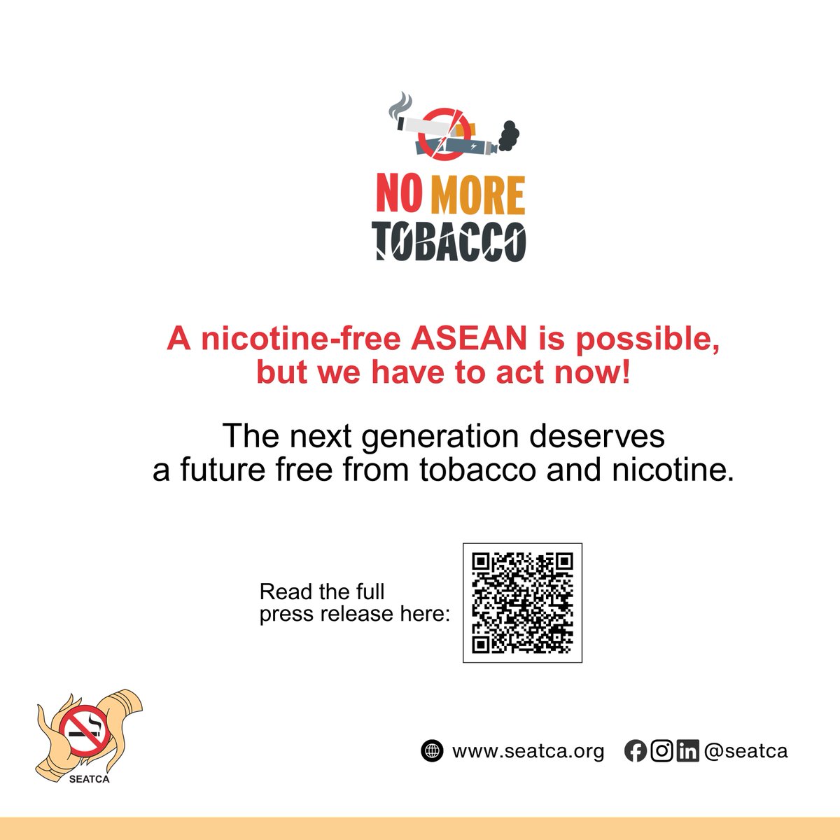 SEATCAdotOrg's tweet photo. On World No Tobacco Day 2026, we stand for a nicotine endgame—unmasking the appeal and ending addiction for good.

Read the press release here: https://t.co/w4fCYsaV0D

#WNTD2026 #WorldNoTobaccoDay #NoMoreTobacco #TobaccoEndgame #TobaccoFreeFuture https://t.co/v0ICdmuRrQ