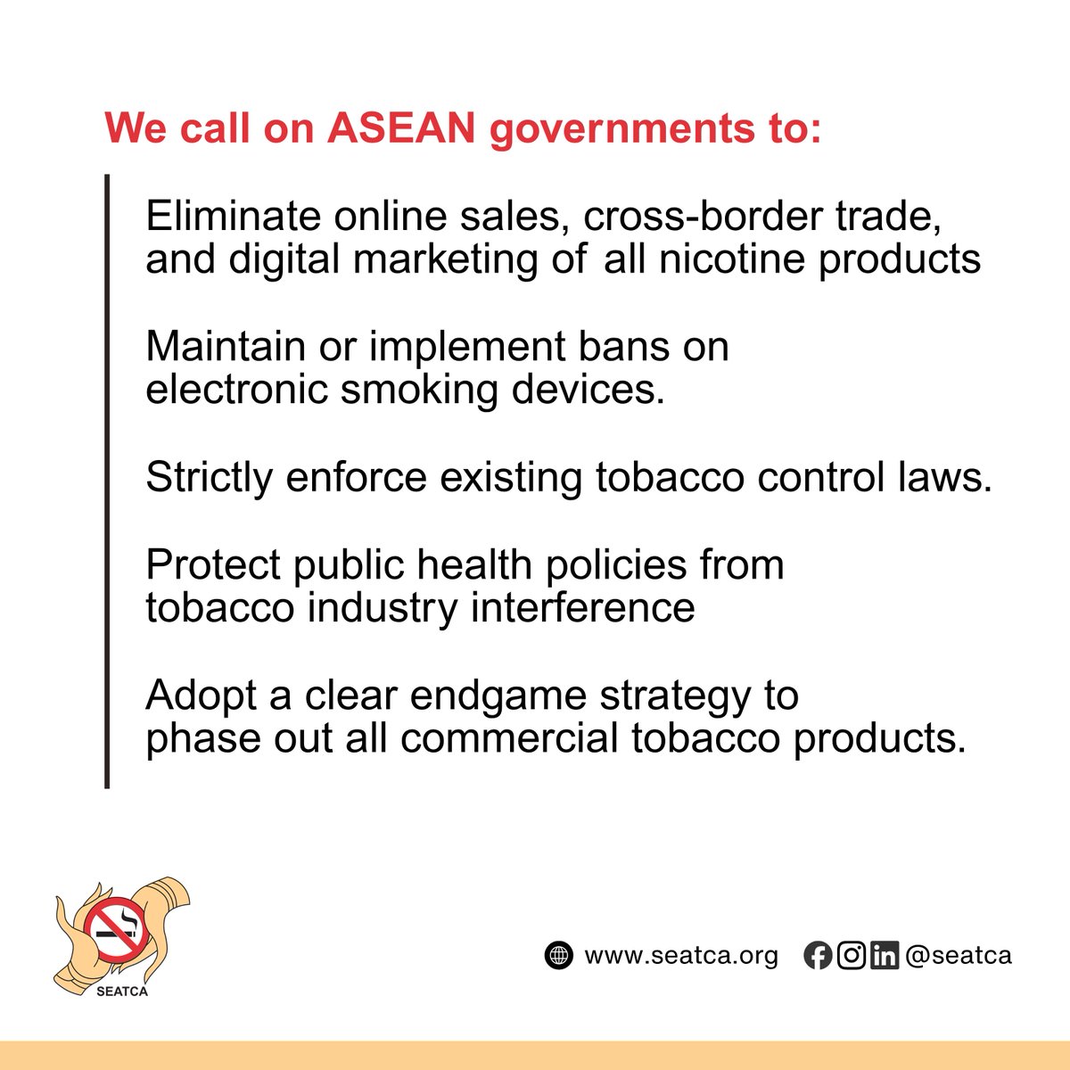 SEATCAdotOrg's tweet photo. On World No Tobacco Day 2026, we stand for a nicotine endgame—unmasking the appeal and ending addiction for good.

Read the press release here: https://t.co/w4fCYsaV0D

#WNTD2026 #WorldNoTobaccoDay #NoMoreTobacco #TobaccoEndgame #TobaccoFreeFuture https://t.co/v0ICdmuRrQ