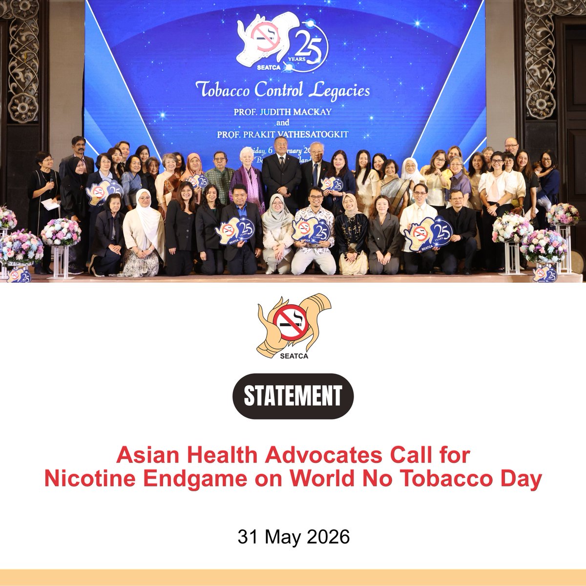 SEATCAdotOrg's tweet photo. On World No Tobacco Day 2026, we stand for a nicotine endgame—unmasking the appeal and ending addiction for good.

Read the press release here: https://t.co/w4fCYsaV0D

#WNTD2026 #WorldNoTobaccoDay #NoMoreTobacco #TobaccoEndgame #TobaccoFreeFuture https://t.co/v0ICdmuRrQ