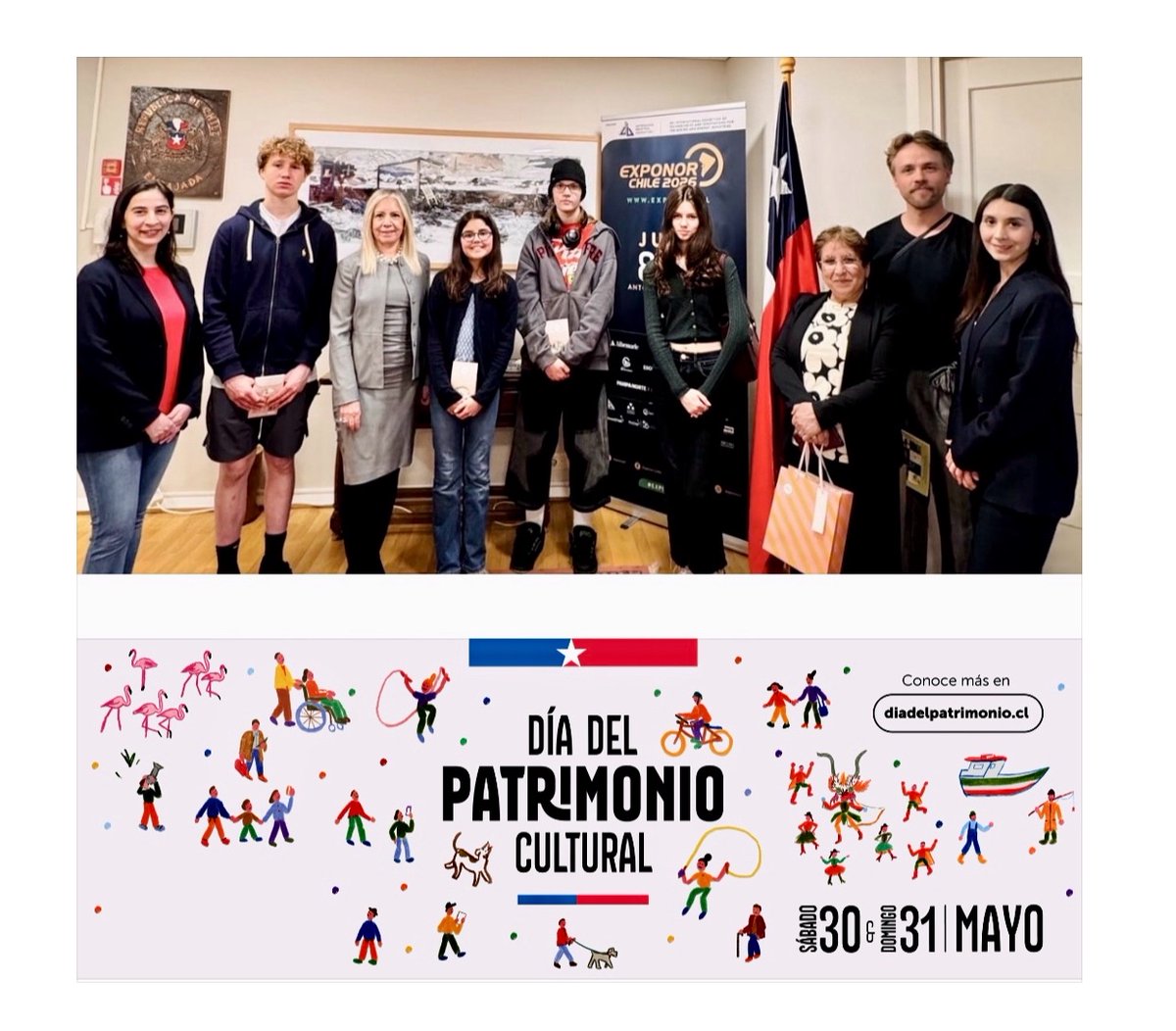 echilefinlandia's tweet photo. En la Galería Gabriela Mistral de la Embajada se celebró “Leer a Mistral: Poesía como Patrimonio Vivo de Chile", con alumnos del Colegio Europeo de Helsinki, su profesora chilena Manuela Solís 🇨🇱 y el presidente de #Helsinki Poetry Connection, Vinski Valos🇫🇮  #DíaDeLosPatrimonios https://t.co/GgnYupesdT