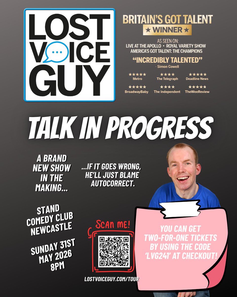 LostVoiceGuy's tweet photo. My work-in-progress show at @standnewcastle is happening tomorrow!

You can get two-for-one tickets by using the code ‘LVG241’ at checkout!

Get your tickets at https://t.co/wgBmZ90VqL 

If you’re coming, let me know…

#StandUpComedy #BritishComedy #DisabilityComedy #Newcastle https://t.co/JwF66SOJ7v
