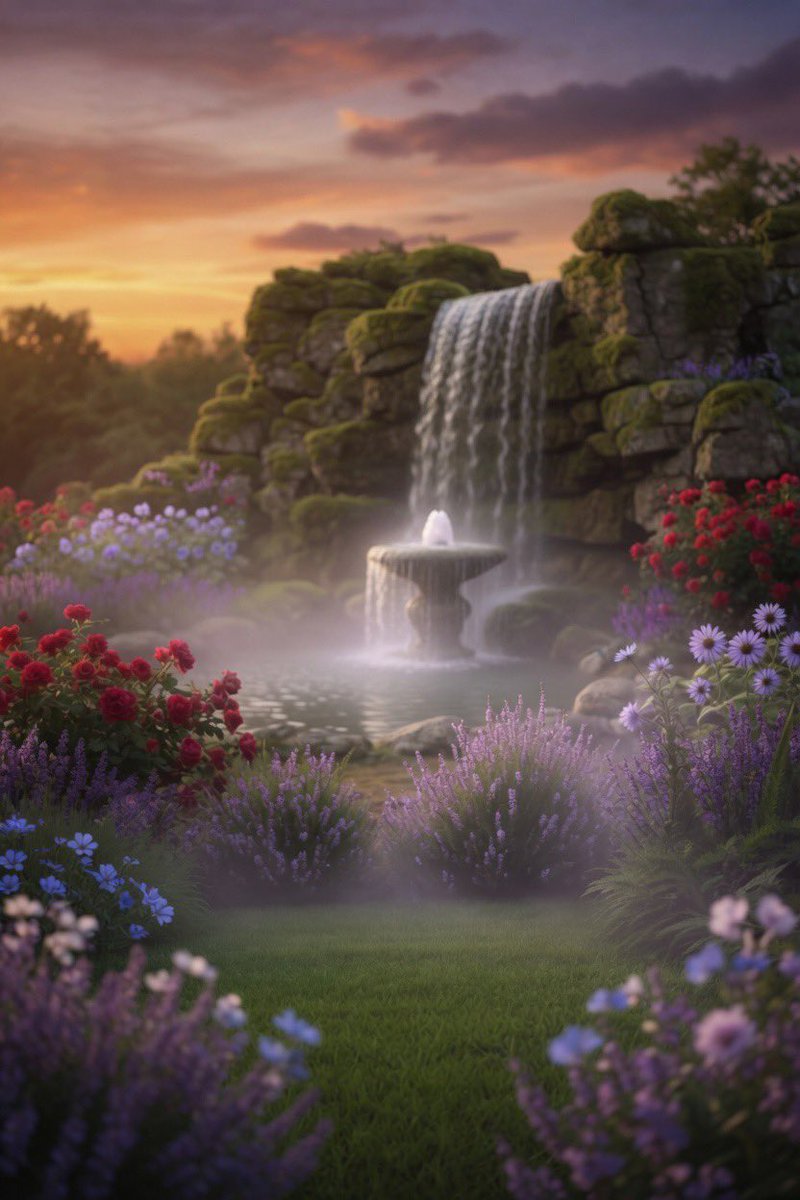 peg1_peg's tweet photo. #vss365 #wonderous
✍️
At sunset her grandson found her wrapped in the shawl she once wrapped around him, hands folded, eyes closed on her earthly heaven.
Lavender mist rose from the cascading fountain like a spell half spoken and settled upon the heather. Dragonflies heavy with summer’s plunder stitched silver threads across the glen.
He smiled. This was the #wondrous hush she had taught him to embrace, the one living inside ordinary days.
Now the Darjeeling cooled untouched in her lap while the porch swing kept its patient rhythm. And for the first time, he heard her garden whispering his name.
#flashfiction #microfiction
Image crafted with #grokimagine