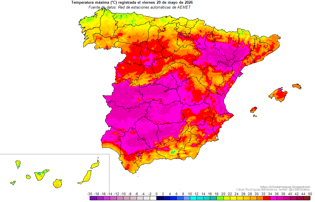 crballesteros's tweet photo. #Temperaturas máximas y mínimas registradas ayer viernes 29 de mayo y #Anomalías resultantes. Periodo de referencia: 1991-2020. #ClimaEnMapas.
https://t.co/a1tteKOK2v https://t.co/HTm6Zh0Uxq