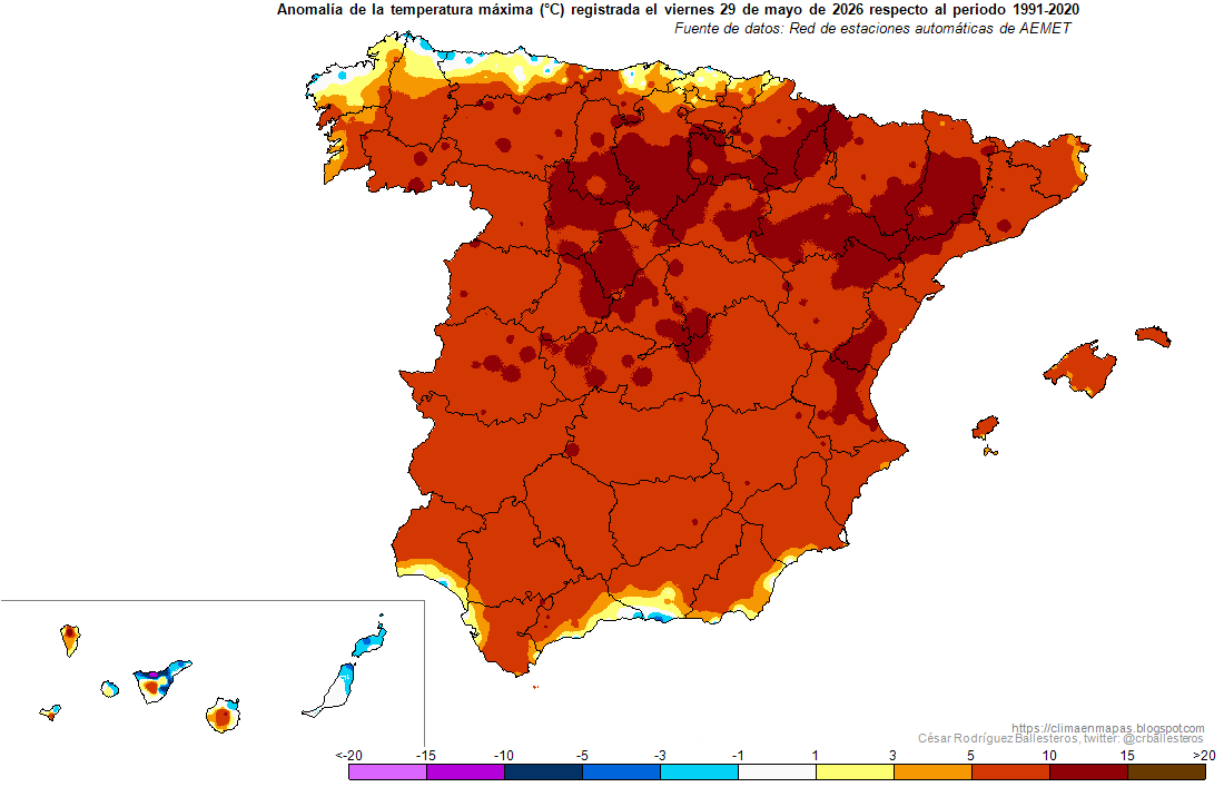 crballesteros's tweet photo. #Temperaturas máximas y mínimas registradas ayer viernes 29 de mayo y #Anomalías resultantes. Periodo de referencia: 1991-2020. #ClimaEnMapas.
https://t.co/a1tteKOK2v https://t.co/HTm6Zh0Uxq