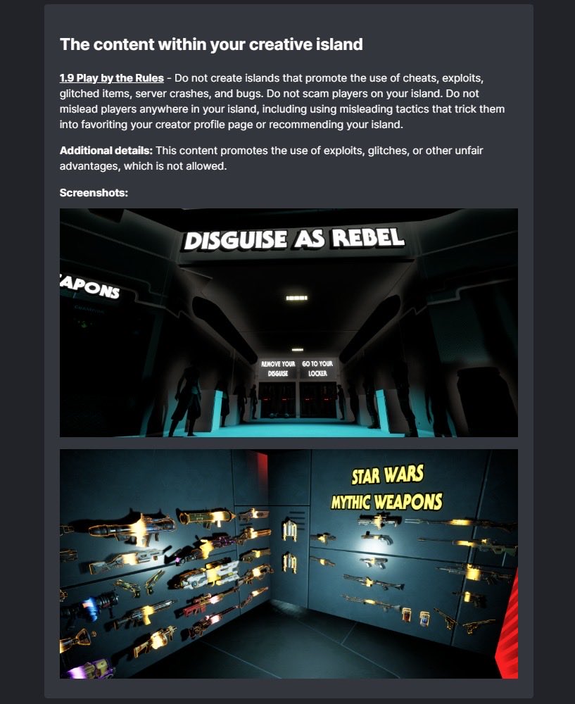 lenaglitchFN's tweet photo. Am I missing something here? Since when does using disguise device and mythic weapons counts as a scam, exploit, glitch or unfair advantage? 😭 @FNCreate @Flak https://t.co/o1qaDSMHxW