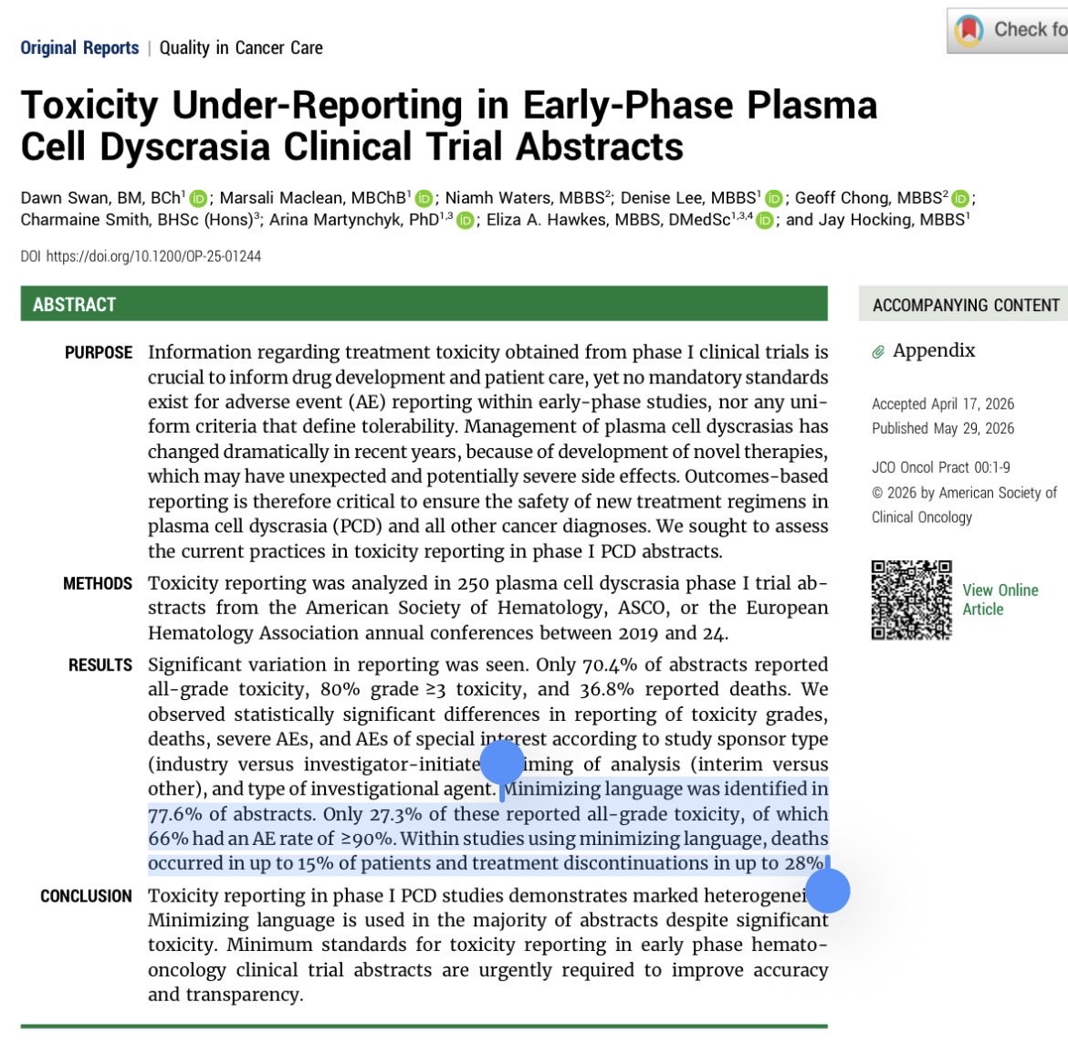 HannahRAbrams's tweet photo. And the flip side of this, “well-tolerated” 

In 250 Ph1 #MMSM ASCO/ASH/EHA abstracts, 194 (78%) used it or similar terms…

In those studies 15% of patients died &amp; 28% had to discontinue tx.

#ASCO26 #ASH26 

https://t.co/6nKnHpYBUa https://t.co/a4l29S7fep