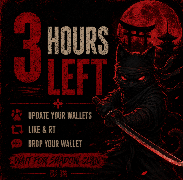kageneko_nft's tweet photo. 🐾 3 HOURS LEFT 🐾

Shadow Clan loading...

Wallets still being updated
Jeeters already sweating
Real Nekos checking in ⚔️

❤️ Like
🔄 RT
💬 Drop your wallet

When the shadows move, it's already too late
🐱🌑