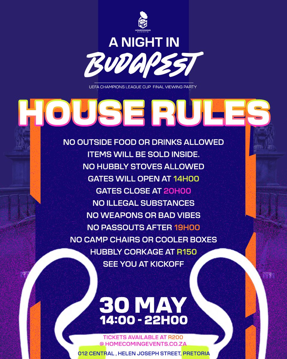 HomeComingEvent's tweet photo. Football has rules and so do we 🤝🙂‍↕️

Familiarise yourself with them to avoid any fouls tonight, we’ll see you at 14:00 for kick-off 🏆

Tickets are available form https://t.co/PnDIz7iGvP https://t.co/9S4Gr7ScmX