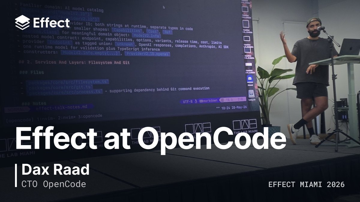 EffectTS_'s tweet photo. How does @opencode use Effect?

In this talk, @thdxr shares how they use Effect across their codebase, from schemas and services to tracing, and more!

Video link in reply ⤵️ https://t.co/G6SwlsS5uu