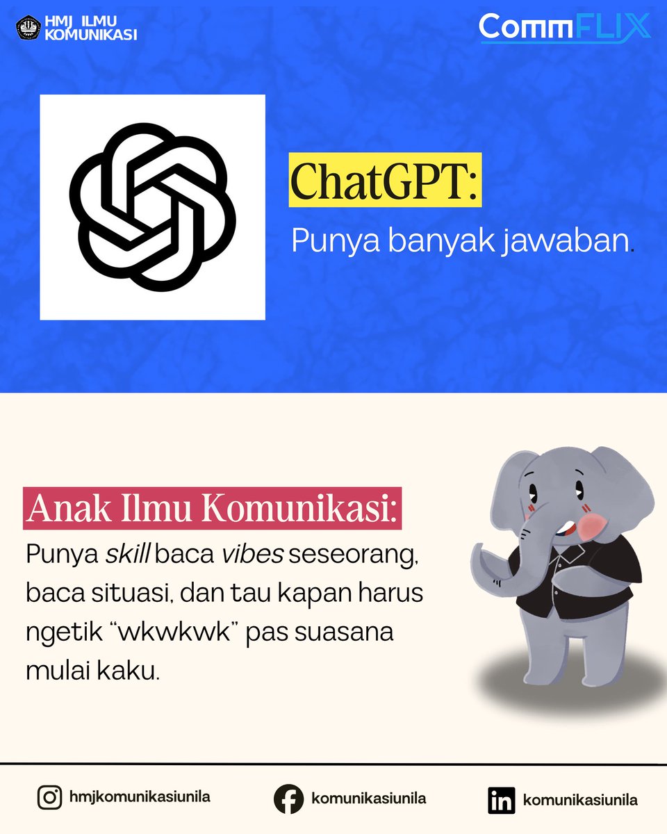 komunikasiunila's tweet photo. Commers, ternyata yang bikin anak Ilmu Komunikasi deg-degan bukan dosen…
tapi ChatGPT.

#IlmuKomunikasi #CommX #CommFLIXsolution #Communila https://t.co/PWDmOXPNtZ