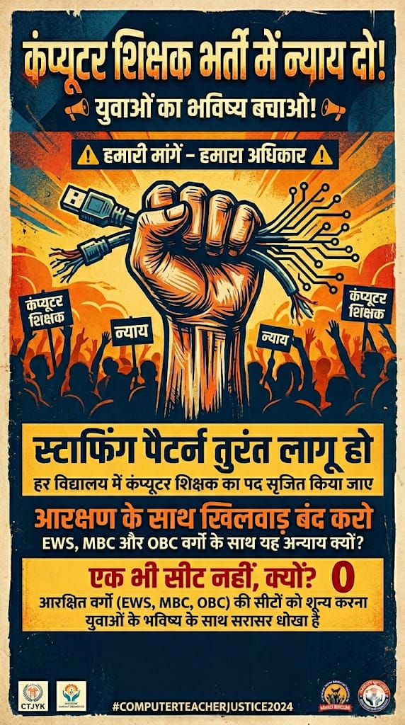 prajapat27178's tweet photo. #BCI_भर्ती_में_न्याय_दो
सबसे पहले #कंप्यूटर_अनुदेशक #परीक्षा_तिथि_स्थगित की जाए। इसके बाद #स्टाफिंग_पैटर्न के अनुसार पद बढ़ाए जाएँ, #बैकलॉग_के_साथ_नई_रिक्तियाँ जोड़ी जाएँ तथा संशोधित विज्ञप्ति जारी की जाए, ताकि सभी वर्गों को समान अवसर मिल सके।
@Rajcmo @Madandilawar @Rajeducation https://t.co/JiH0JLFJ0N