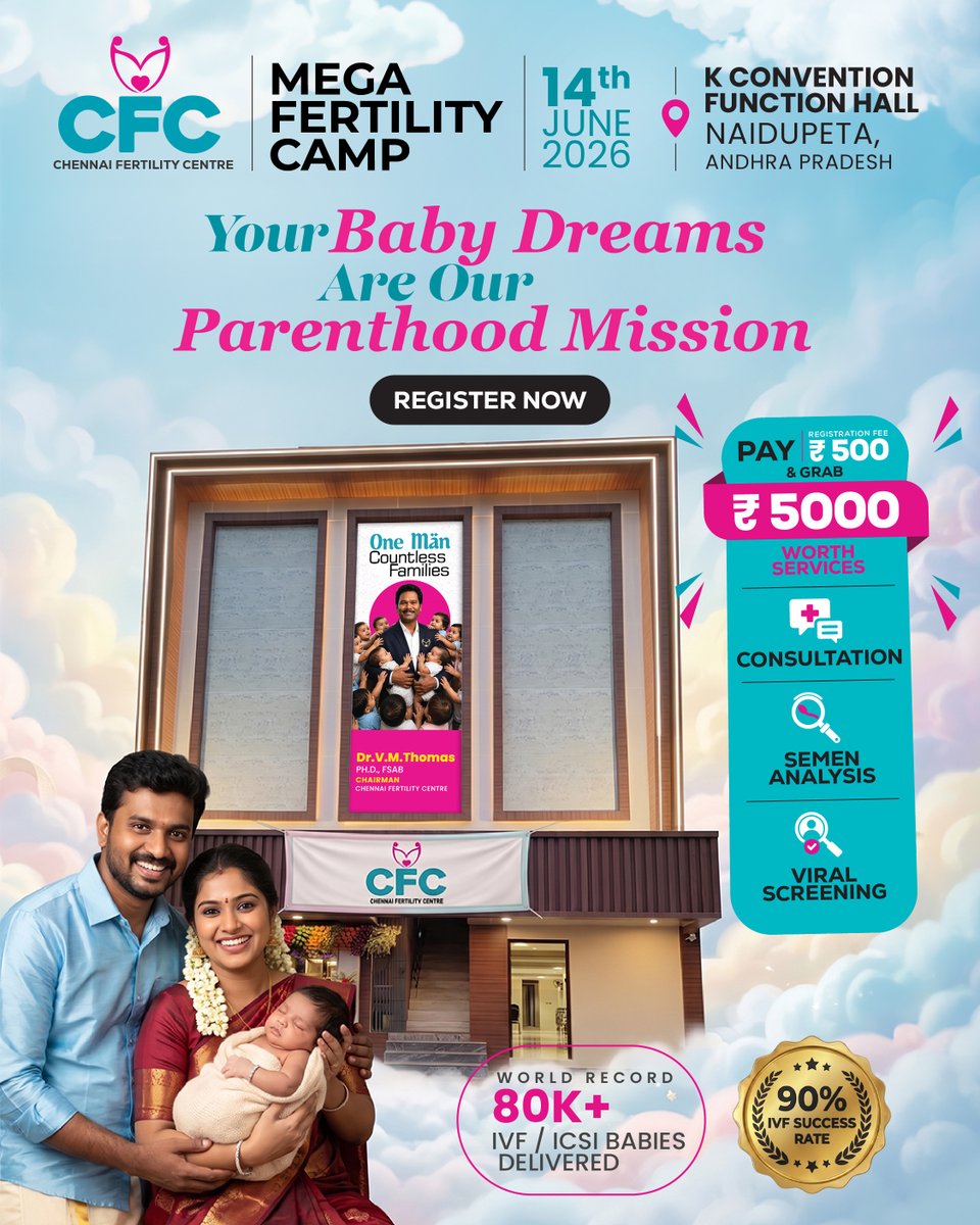 CFC_IVF's tweet photo. First Time in Naidupeta!

Dreaming of Parenthood? Meet renowned fertility expert Dr. V. M. Thomas 
📅 14 June 2026 (Sunday)
📍 K Convention Function Hall, Naidupeta
📞 Book Your Appointment: 9962703377

#MegaFertilityCamp #Naidupeta #IVF #FertilityTreatment #ParenthoodJourney https://t.co/gNzLgiuq8i