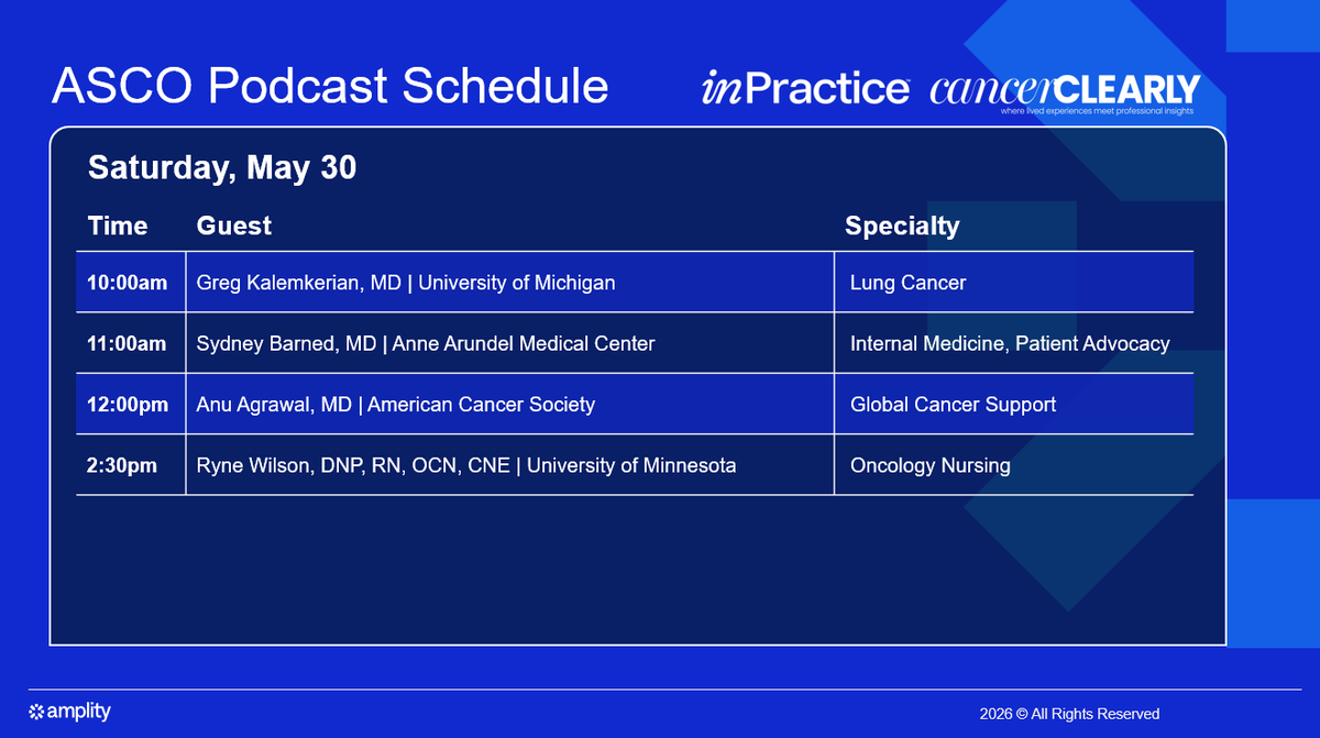 JHOPjournal's tweet photo. Day one of #ASCO2026 is finally here—and so are the conversations that matter. Today, the "Cancer, Clearly" podcast series kicks off live from Amplity's booth (#10085). 

Check out today’s schedule 👇 and stop by to listen live!

#Oncology #HealthcareInnovation #CancerCare @ASCO https://t.co/WQNvzdOV5G