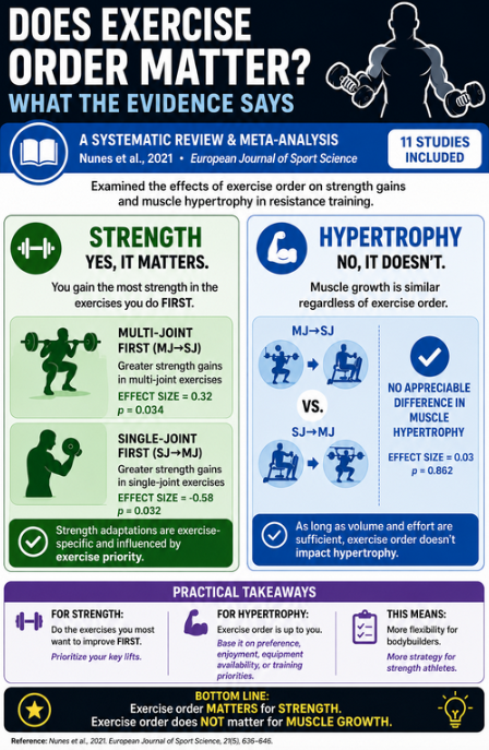 BradSchoenfeld's tweet photo. Common resistance training prescription is to perform multi-joint exercises before single-joint exercises. Our group, led by @joaonunesjpn, conducted a meta analysis to determine whether exercise order affects strength and muscle growth.

Results indicated that strength gains were greatest for exercises performed first in the workout. OTOH, muscle hypertrophy was similar regardless of exercise order.

There were some notable limitations. From a strength standpoint, all of the included studies assessed strength using repetition-maximum tests specific to the exercises performed in the study (e.g., if a squat was used in the workouts, 1RM testing was carried out in the squat). These results cannot necessarily be extrapolated to general strength, which would require testing a neutral modality (i.e., dynamometer).

From a hypertrophy standpoint, most studies measured muscles that were the primary mover in only one of the exercises being compared. For example, the biceps is the main target during curls but only a synergist during lat pulldowns. Thus, the finding that exercise order doesn't affect hypertrophy may simply reflect that performing an indirect exercise before a direct one doesn't impair growth. That said, the only study to directly compared exercise order when both exercises targeted the same muscle group showed similar hypertrophy irrespective or exercise order.

The general take-home from the evidence is:
For strength, prioritize the exercises you most want to improve by performing them early in the workout. However, it remains unclear whether exercise order influences the transfer of strength gains to broader functional tasks and activities of daily living.

For hypertrophy, exercise order appears to be largely a matter of preference, convenience, and individual training goals. That said, when training multiple muscle groups in the same session, it may be advantageous to prioritize lagging muscle groups. Mental focus and fatigue tend to decline as a workout progresses, potentially compromising training quality later in the session. Therefore, targeting less-developed muscles when you are freshest may help maximize the effectiveness of your efforts.

https://t.co/o1SmtgRebg