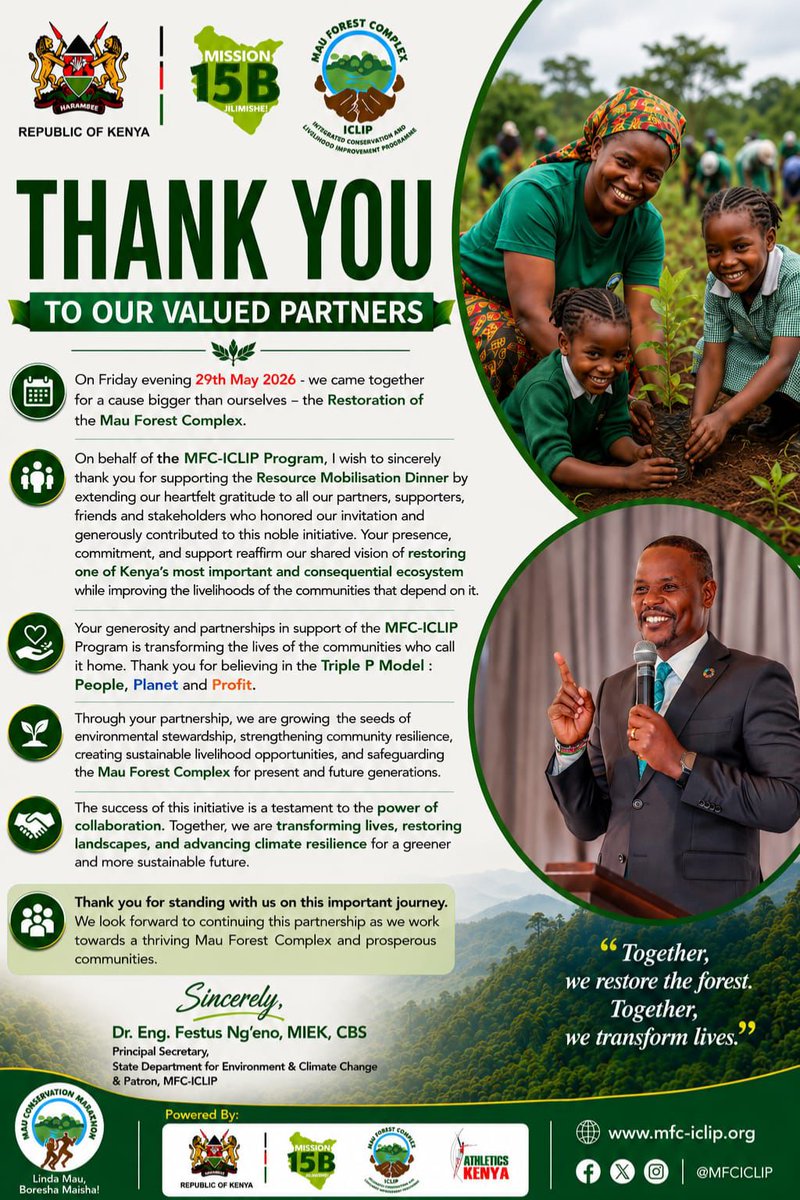 Eng_F_Ngeno's tweet photo. Thank you our partners for joining us on 29th May at the @MauForest_iclip Resource Mobilization Dinner and for your generous support towards the restoration of the Mau Forest Complex. 
#LindaMauBoreshaMaisha #MFC_ICLIP https://t.co/a6vD0S1Z5S