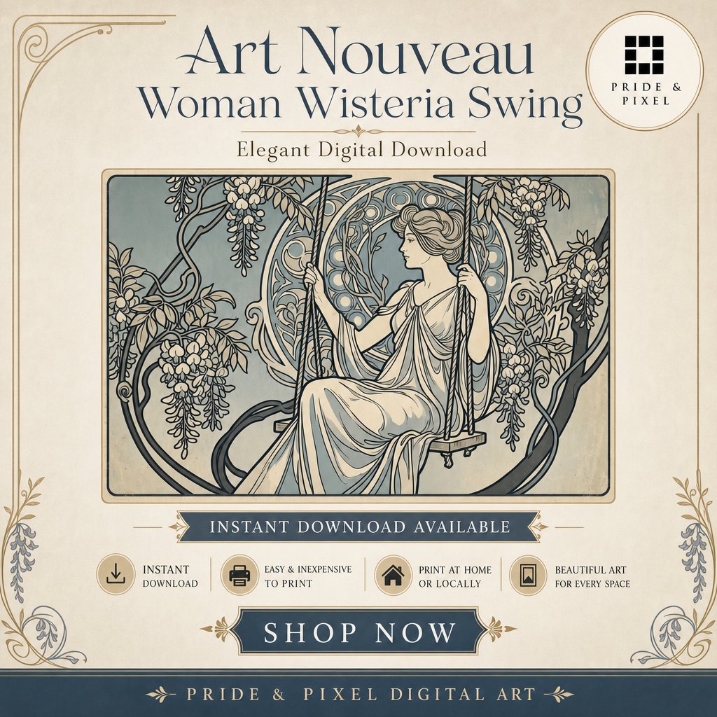 PrideAndPixel's tweet photo. Step into the enchanting world of Art Nouveau with 'Art Nouveau Woman Wisteria Swing.' This digital masterpiece captures timeless elegance and organic beauty for your...

https://t.co/Z8RsRlmrTj
#ArtNouveau #VintageWallArt #DigitalDownload #Wisteria #FloralArt https://t.co/MrQHlRgTff
