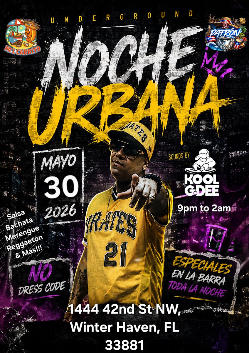 KOOLGDEE's tweet photo. Sabado 30 de Mayo 2026 nos vemos en El Patron Sport &amp; Bar en Winter Haven Fl con los mejor de la musica y para el hambre ya tu sabes Pa'l Carrito todo en un lugar!!! https://t.co/ynOyXVZLfs