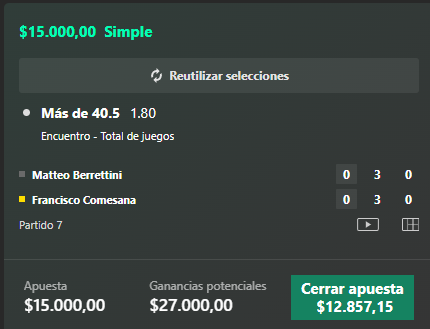 LuchitoBets's tweet photo. Reto Escalera! 🪜 

Objetivo 5k a 100k - Progreso 36%  

Paso 13: 
Roland Garros 🏆 

Matteo Berrettini vs Francisco Comesaña 🎾
Mas de 40.5 Juegos

✍: Todavia no termino Fran pero tiene todas las de perder, habia remontado lindo pero se les escapan los ultimos, confiamos aca. https://t.co/OzoSoERUtr