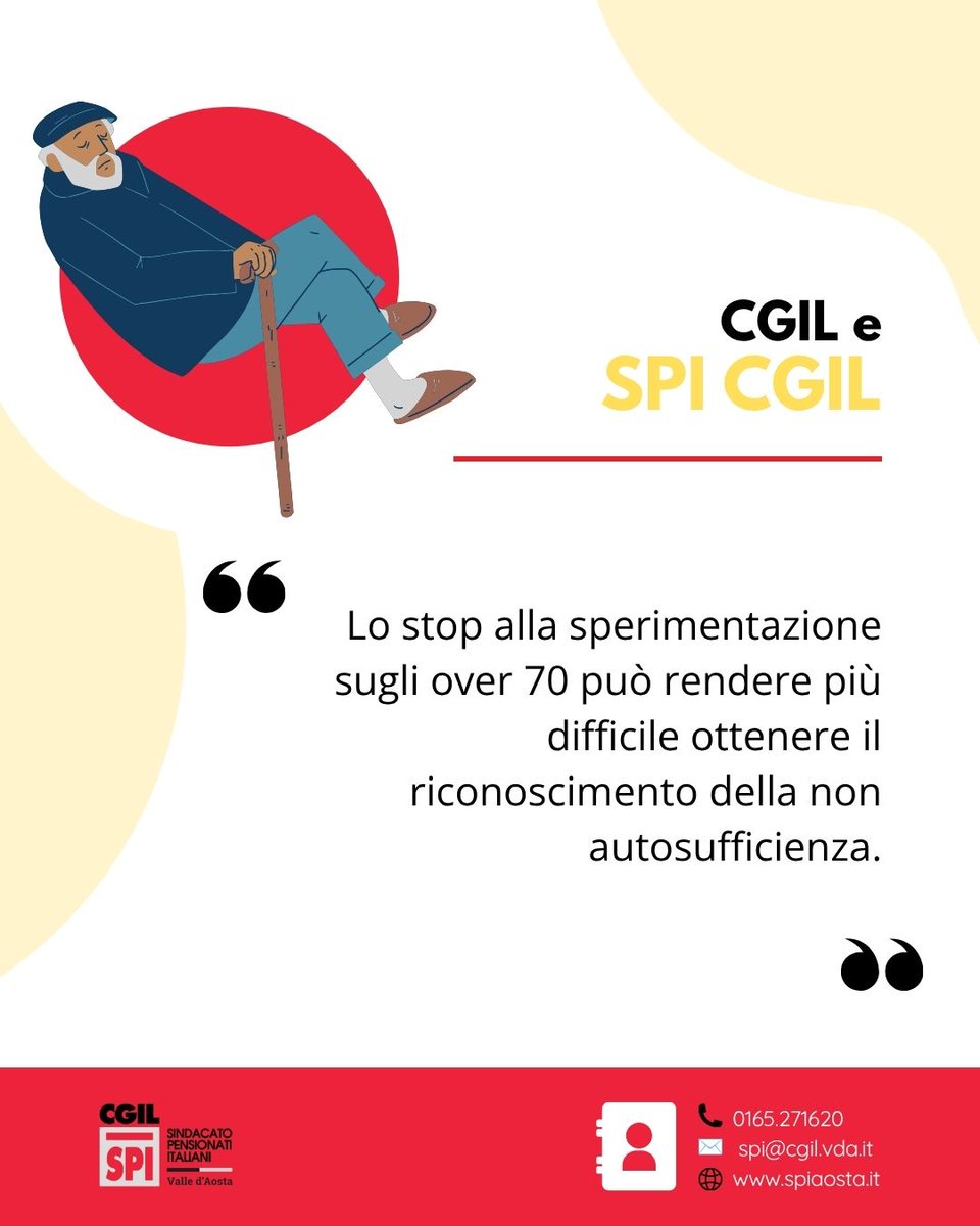 spiaosta's tweet photo. 🔴 CGIL e SPI CGIL denunciano il rinvio al 31 dicembre 2027 della sperimentazione sul nuovo percorso di accertamento della non autosufficienza per gli over 70.
👉 Il rischio è aumentare burocrazia, incertezza e ritardi per le persone più fragili: https://t.co/gPVGxtkibI https://t.co/HwU98xsXEO