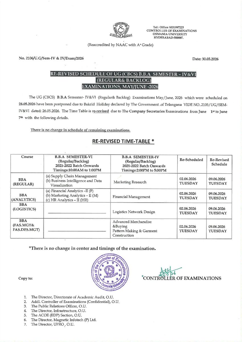 OU_Updates's tweet photo. Osmania University (OU) Re-Revised Dates For Postponed UG (CBCS) Regular &amp; Backlog Examinations Scheduled on 28-05-2026 @ https://t.co/boDyijpn4O https://t.co/gORzcUpO0O