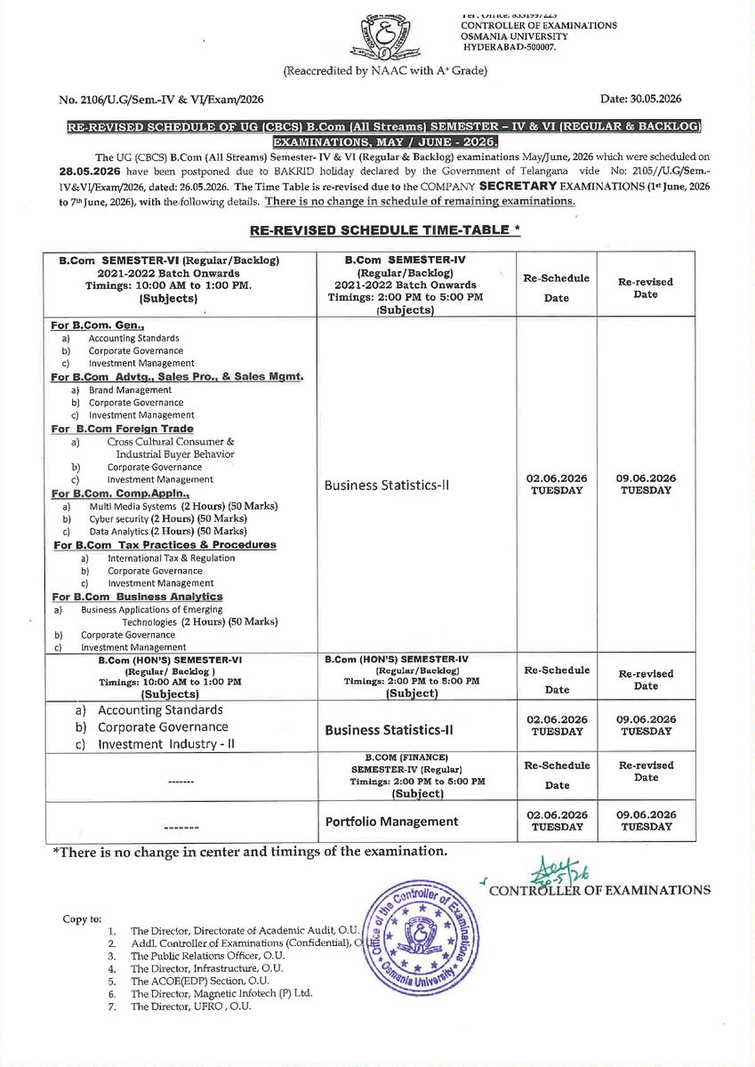 OU_Updates's tweet photo. Osmania University (OU) Re-Revised Dates For Postponed UG (CBCS) Regular &amp; Backlog Examinations Scheduled on 28-05-2026 @ https://t.co/boDyijpn4O https://t.co/gORzcUpO0O