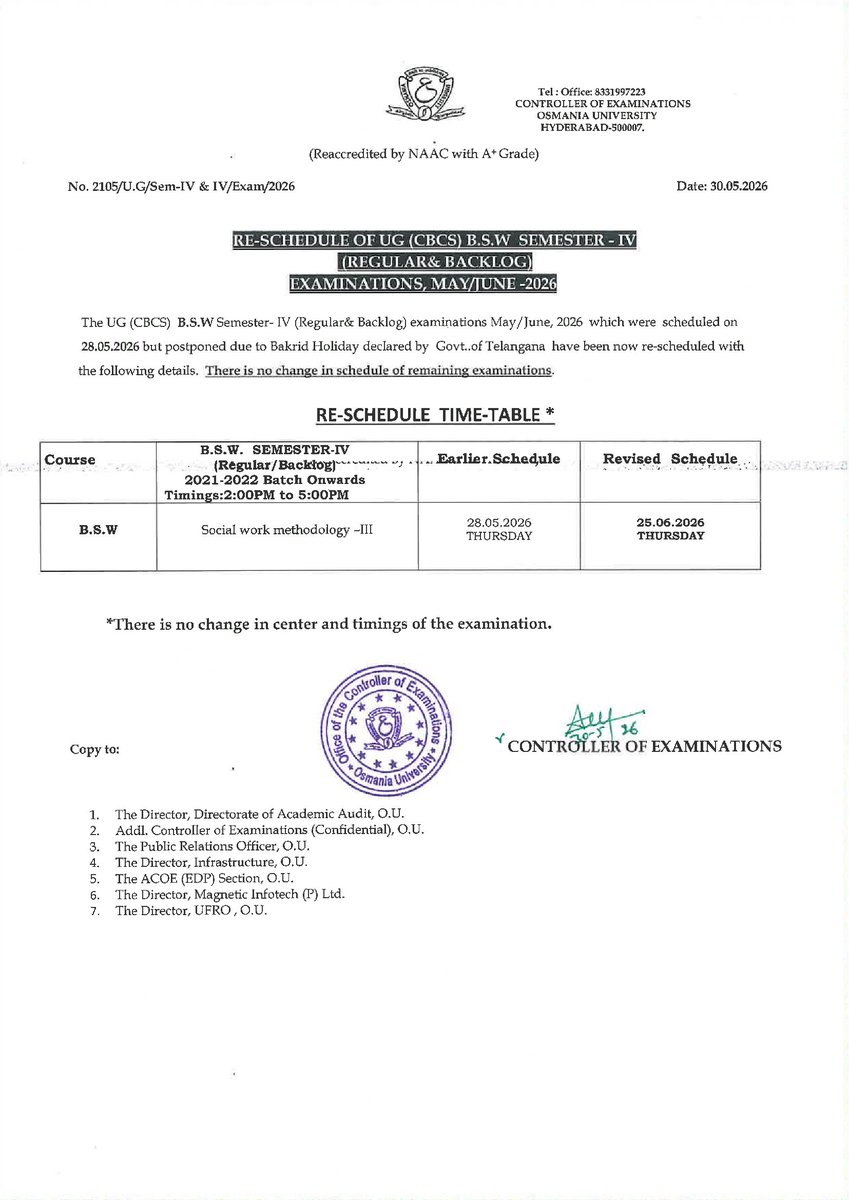 OU_Updates's tweet photo. Osmania University (OU) Re-Revised Dates For Postponed UG (CBCS) Regular &amp; Backlog Examinations Scheduled on 28-05-2026 @ https://t.co/boDyijpn4O https://t.co/gORzcUpO0O