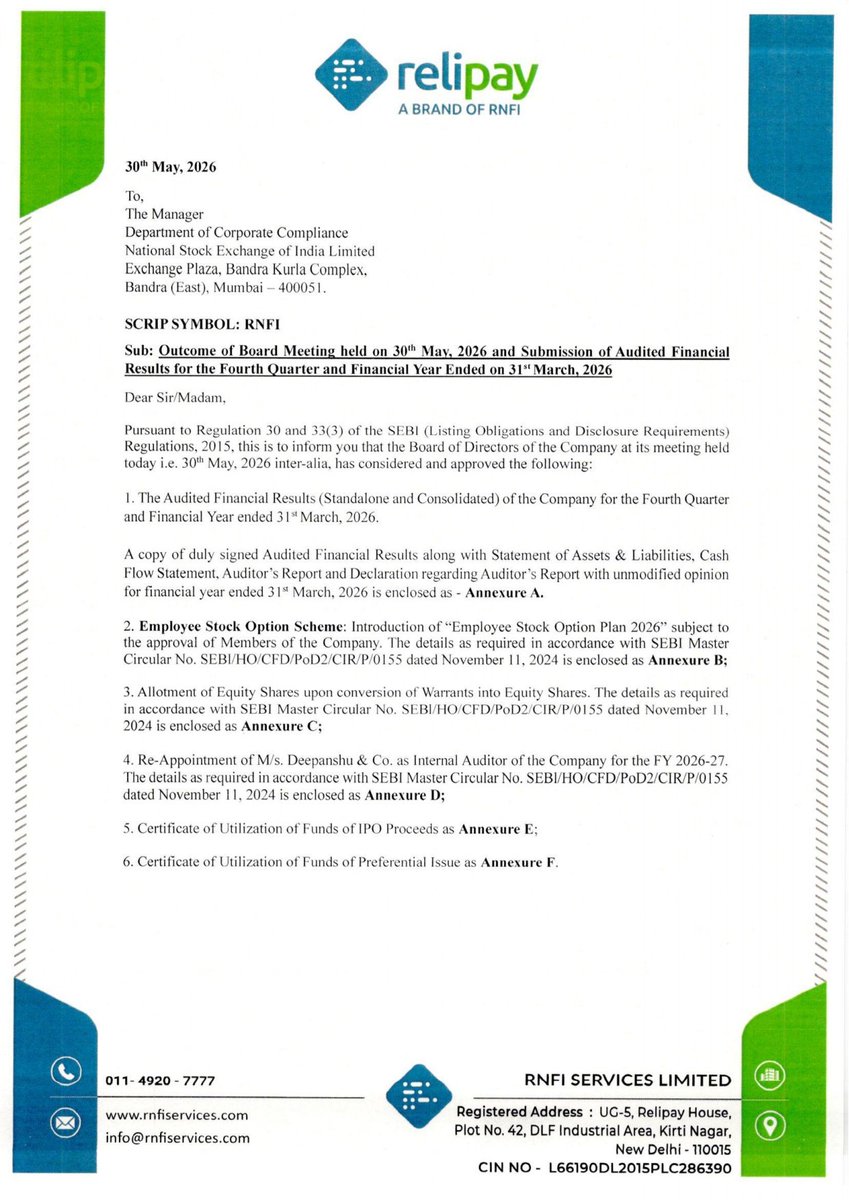 nileshkurhade's tweet photo. 📌 RNFI Services Limited informed the exchange about its approval for the financial results for the period ended March 31, 2026. #SME #RNFI 📄🧾 https://t.co/qGK8iA33il