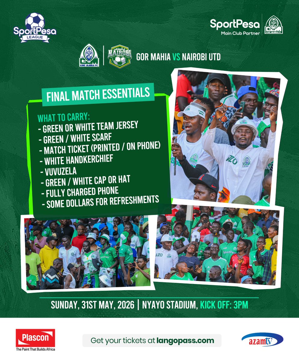 OfficialGMFC's tweet photo. 🟢 | MATCH DAY PLAN 

We request fans to have their tickets ready, carry a white handkerchief for the planned show and maintain order when entering Nyayo Stadium tomorrow.

After the match, kindly stay off the pitch (no invading the pitch) and allow the players to receive their medals and take official photos as we celebrate together. Once the formalities are done, the DJ will take over and the party begins. Sherehe 🔥🔥

Buy your ticket at - https://t.co/jObK3rigzP 

Or dial *265*25#

#Sirkal | #SportPesaNaGor
