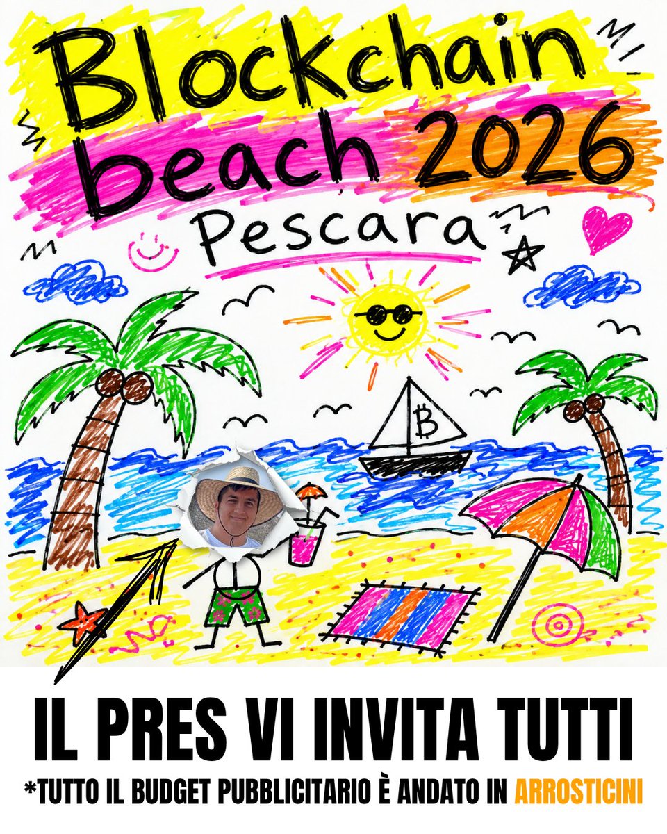 OfficinaDefi's tweet photo. Blockchainbeach 2026 : Stiamo arrivando!

☀️Sole, mare, crypto e arrosticini. Cosa vuoi di più? 
Il 18 e 19 Settembre torna a Pescara la Blockchain beach. Anche quest'anno l'evento sarà 

👉 Completamente libero: Niente giacca e cravatta per entrare, niente pass da mostrare;
👉 Completamente gratuito: Niente biglietti vip, niente biglietti premium;
👉 Formativo e divertente: Niente markettate, niente frasi fatte

Si viene per imparare, conoscere, divertirsi e per vivere e condividere la passione per crypto, Blockchain, web3 e dintorni

Prenota il tuo posto 
https://t.co/DmNNdBGP6K
