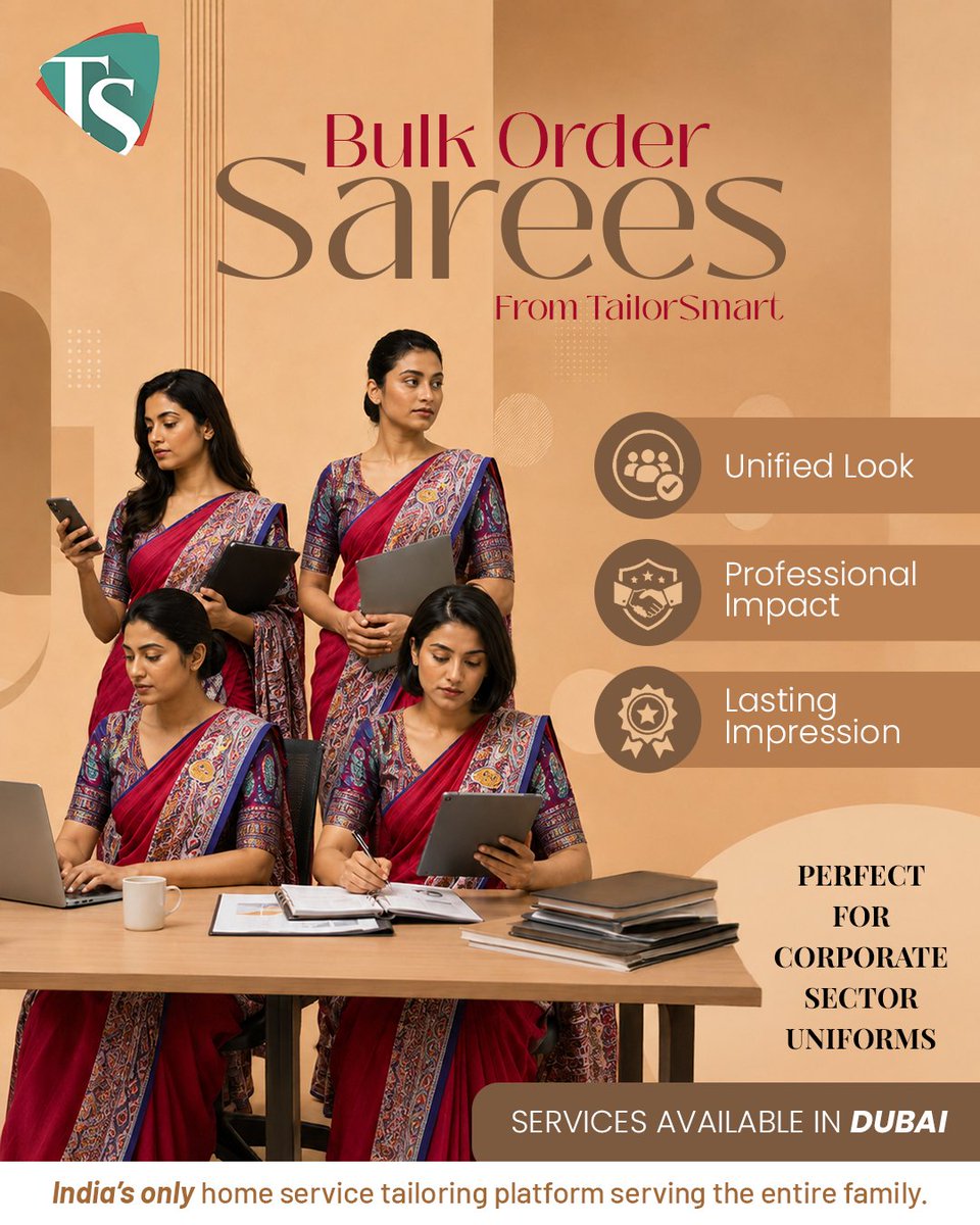 ITailorsmart's tweet photo. Uniforms are more than just dress codes — they represent your brand identity. ✨

With TailorSmart’s bulk order saree solutions for the corporate sector, give your team a look that speaks of elegance, professionalism, and unity. https://t.co/sIPsjjxBD3