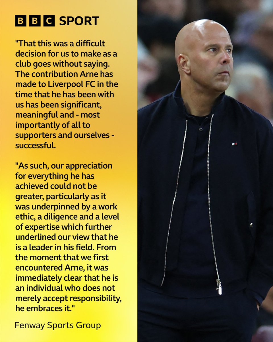 BBCSport's tweet photo. Liverpool's owners have released a statement on their tough decision to sack Arne Slot❤️ https://t.co/iRNDxDggri