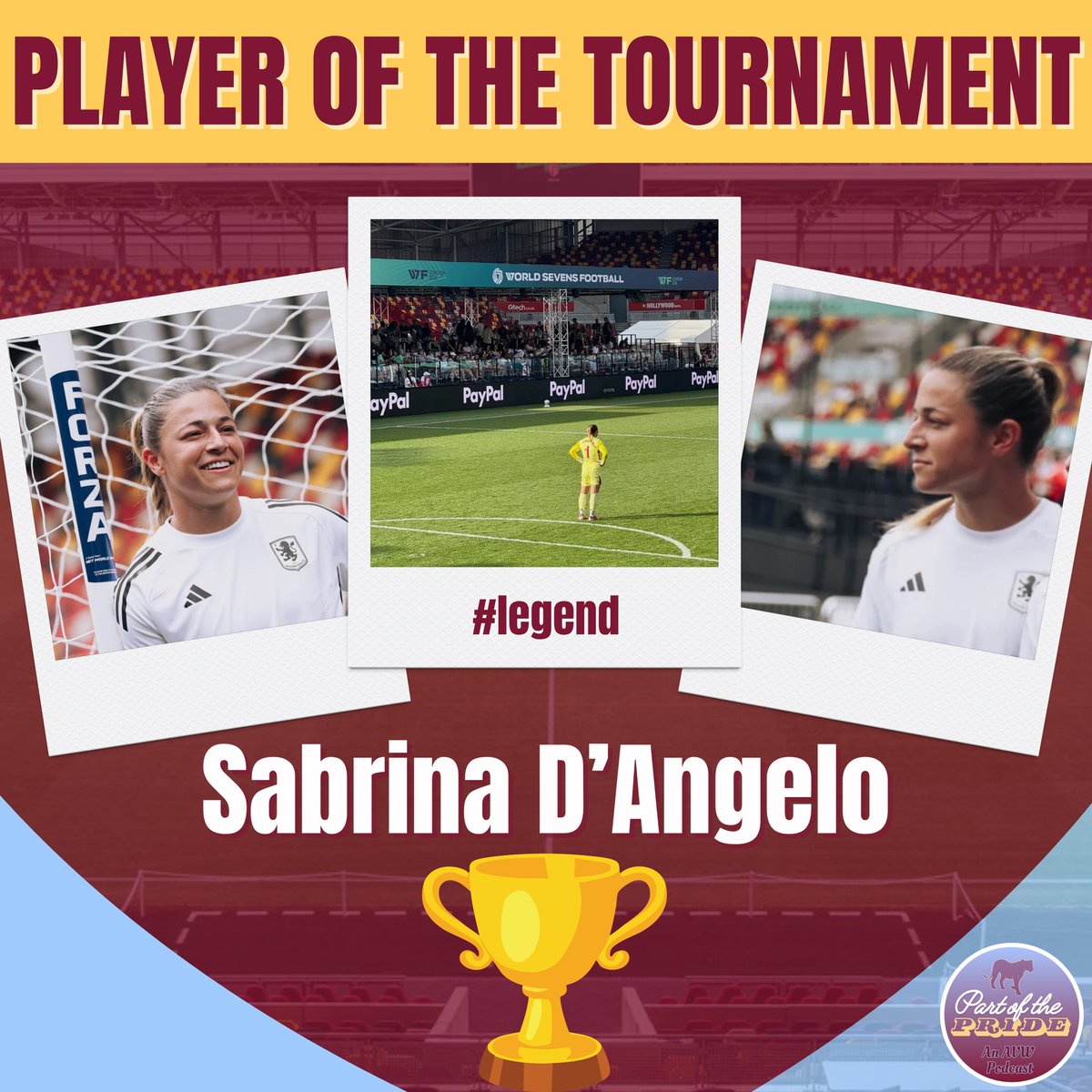 PartPridePod's tweet photo. 🏆Introducing our Player of the Tournament! 🏆

You’ll all agree Sabs has been incredible during this tournament and we’re so proud that this is the way we get to say goodbye to our shot stopper. 

Thank you for everything Sabs, enjoy celebrating with the team tonight! https://t.co/o6tVgfO9gz