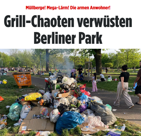 Taykra's tweet photo. Horrortrip für Anwohner: Jedes Wochenende fallen Partywütige aus ganz Berlin über den Volkspark Friedrichshain her, werfen ihre Grills an u drehen die Bässe auf. Was früher mal Chillen im Park war, ist heute zu einer Open-Air-Massen-Veranstaltung geworden. https://t.co/wye9YYQheD https://t.co/kYfodOdLtG