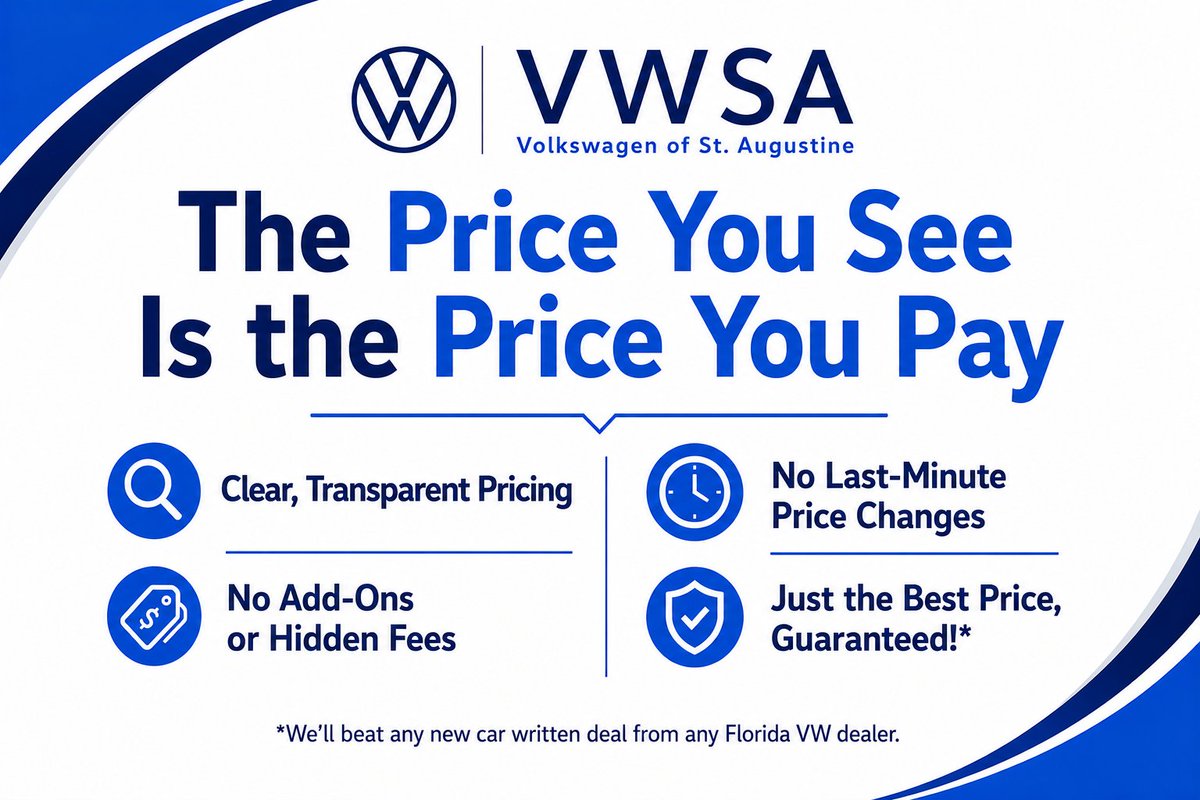 VWStAug's tweet photo. No hidden fees. No surprise add-ons. No last-minute “extras” when you sit down to sign. Just honest, upfront pricing from the start—so you can focus on finding the right vehicle, not decoding the fine print. https://t.co/ENkvp3OeoW https://t.co/6t7C6zUHAt