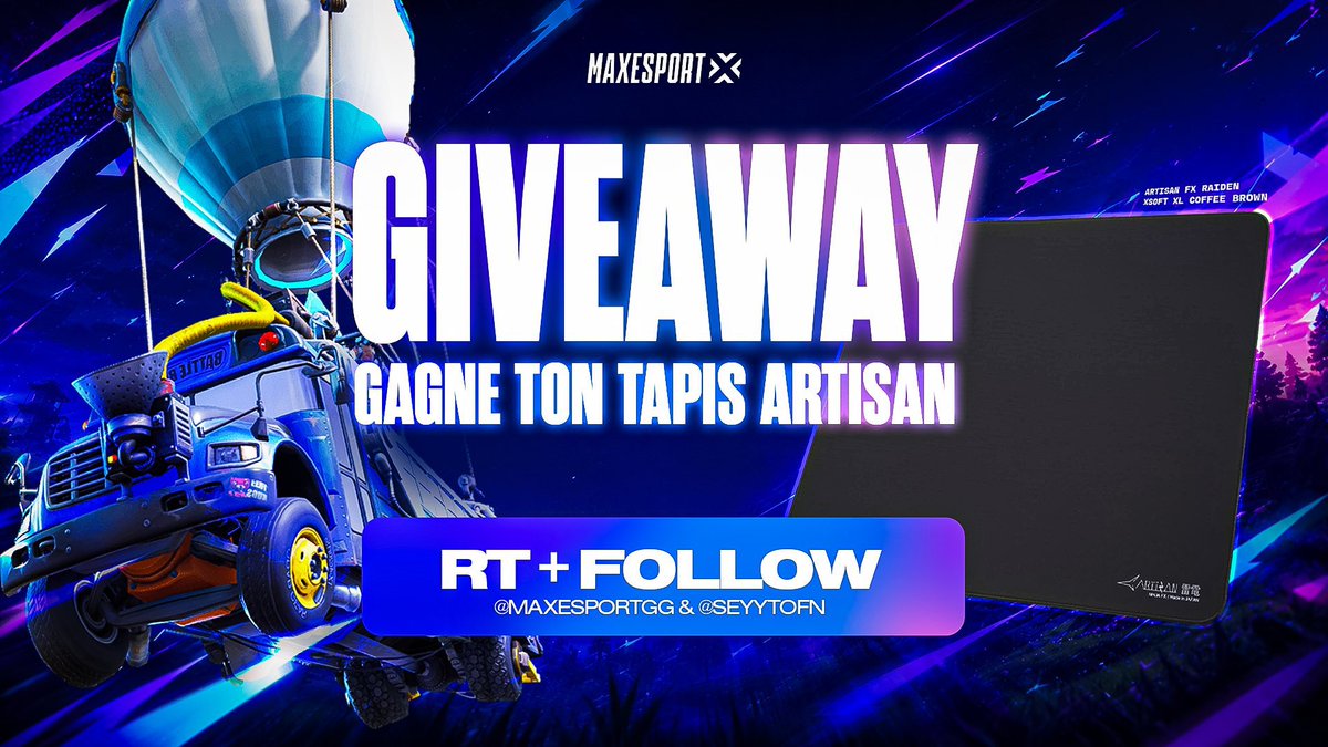 SeyytoFN's tweet photo. 🎁 JEU-CONCOURS 🎁 

Avec @Maxesport.gg, on vous offre mon tapis de souris ! 

POUR PARTICIPER :
1️⃣ Follow @MaxEsportGG et @SeyytoFN
2️⃣ Like ce post
3️⃣ Identifie 1 pote

🎁 1x Tapis de souris Artisan FX Raiden Xsoft XL

⏳ Tirage au sort dans 15 jours

🔥 Bonne chance à tous ! https://t.co/cTbMl4emKy