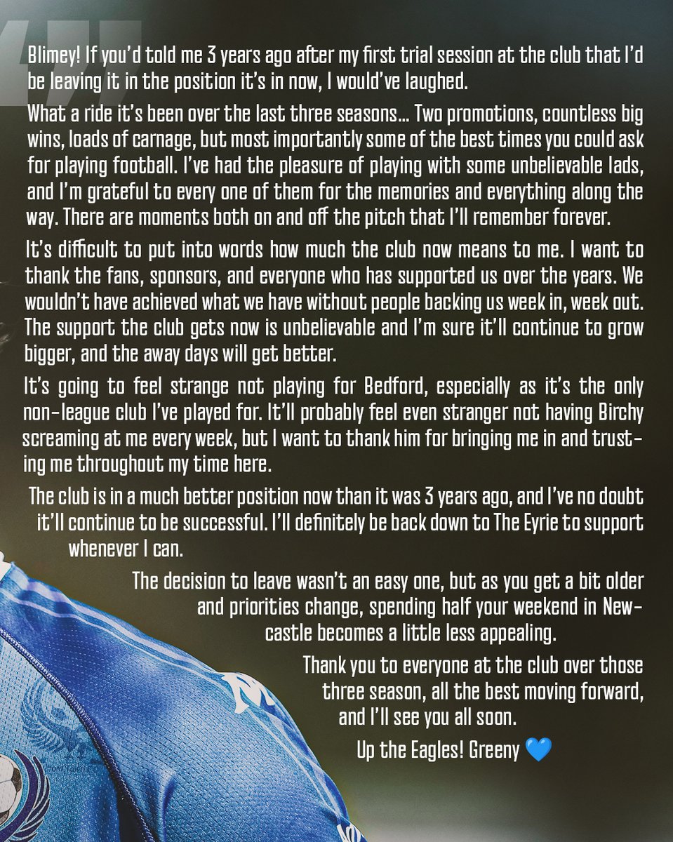 BedfordTown's tweet photo. Thank You Greeny 💚💙

After 96 appearances, five goals, two promotions and countless memories, Lewis Green's time at Bedford Town has come to an end. Few players have embodied the spirit of the club's recent rise quite like Greeny.

Since joining the club in August 2023 following a successful trial, Greeny has been a huge part of our success on and off the pitch, helping us achieve back-to-back promotions and becoming one of the most popular figures at The Eyrie.

From his Goal of the Season winner at AFC Telford to the fans singing his name on the terraces, Lewis leaves with the thanks and appreciation of everyone connected with the club.

Thank you, Greeny 💙 Once an Eagle, always an Eagle

#WeAllDreamOfATeamOfLewisGreens
