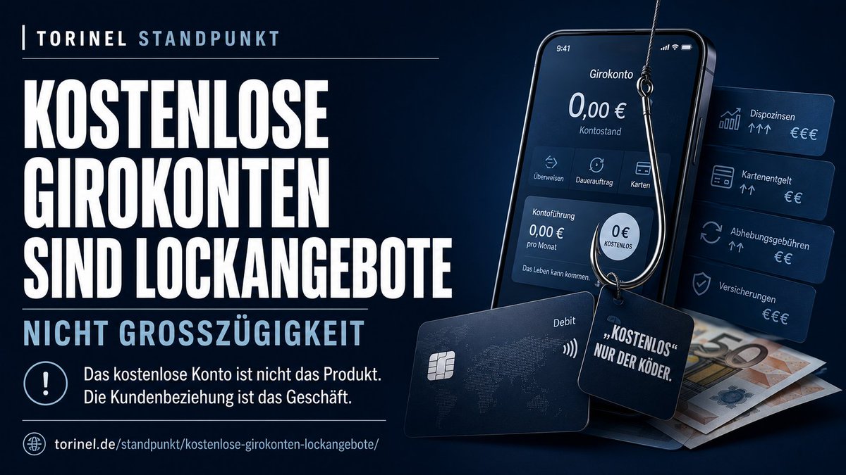 TorinelDE's tweet photo. Kostenlose Girokonten sind Lockangebote.

Das Konto ist nicht das Produkt.

Die Kundenbeziehung ist das Geschäft.

Verdient wird später:
Dispo, Karten, Upgrades, Boni, Trägheit.
Torinel Standpunkt:
https://t.co/XJG5yPqEqI https://t.co/6vL7XBYjEO