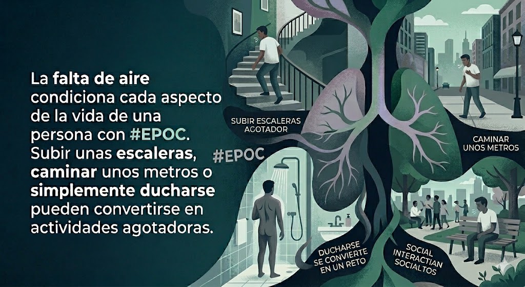apepoc_es's tweet photo. La falta de aire condiciona cada aspecto de la vida de una persona con #EPOC. Subir unas escaleras, caminar unos metros o simplemente ducharse pueden convertirse en actividades agotadoras. #LaEPOCMiraAlFuturo https://t.co/JQ6eptKHgD