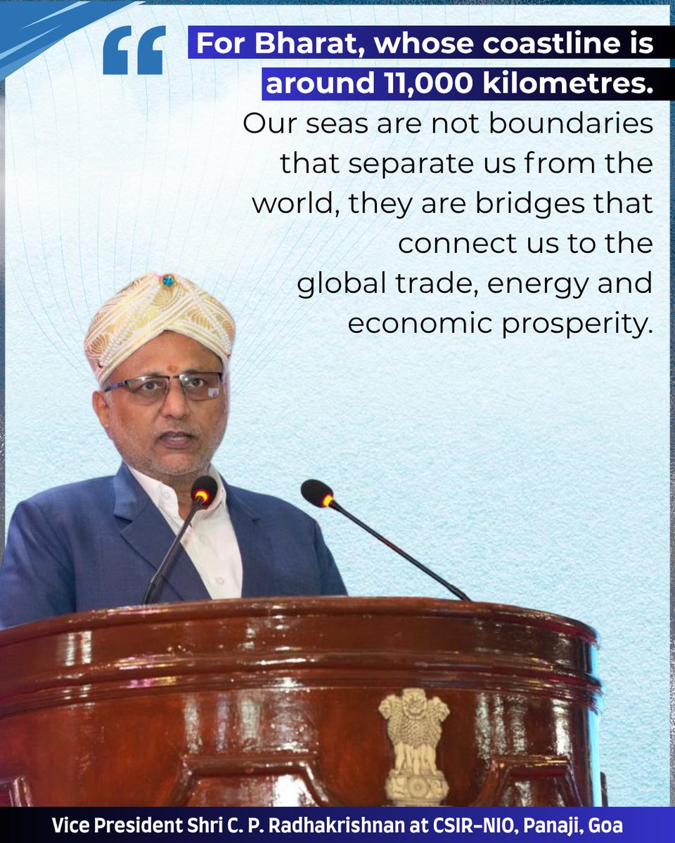 VPIndia's tweet photo. ‘Our seas are not boundaries that separate us from the world, they are bridges that
connect us’ : Vice President Shri C. P. Radhakrishnan https://t.co/DI5Mssdec9