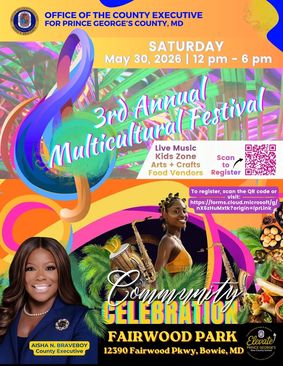 cityoflaurel's tweet photo. Join Prince George’s County Executive Aisha Braveboy for the free Annual Multicultural Festival today (5/30) at Fairwood Community Park in Bowie. It starts with a parade at 10:30a followed by performances, a kid’s zone, &amp; vendors from 12-6p

Register here: https://t.co/WUPnlHs38R https://t.co/3RmSNDFXMG
