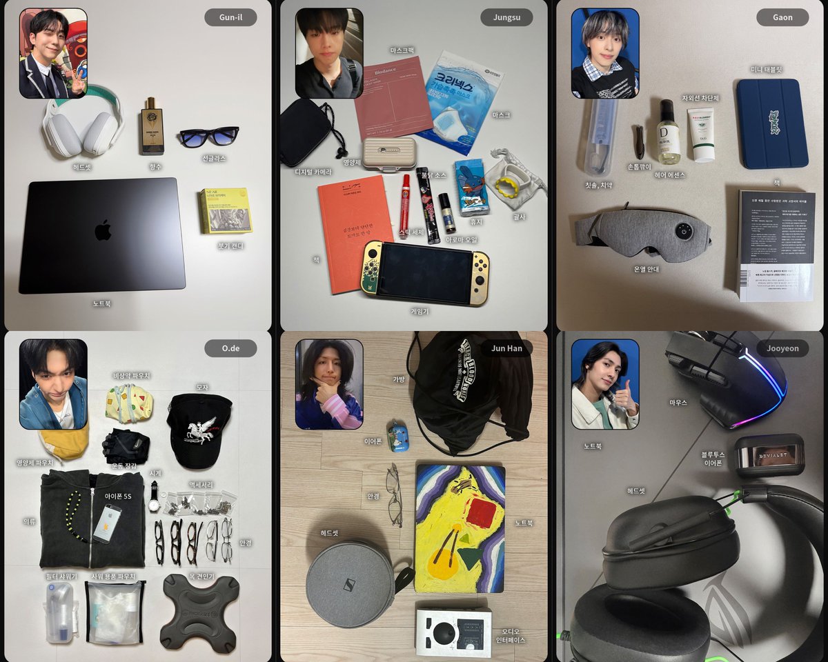 gunilsmenu's tweet photo. Xdinary Heroes’ must-have tour essentials:

Gunil - laptop, headset, sunglasses, perfume, candies

Jungsu - sheet masks, supplements, aroma oils, gua sha,  digital camera, books, nintendo switch, buldak sauce, tissue

Gaon - heated eye mask, ipad mini, science books, sunscreen, nail clippers, hair oil, toothbrush & toothpaste

Ode - supplements, emergency medicine pouch, workout gloves, hat, watch, glasses, accessories, iphone 5s, shower filter, his bath products, neck traction device

Junhan - macbook, airpods, headphones, glasses, audio interface

Jooyeon - gaming laptop, mouse, bluetooth earphones, headphones