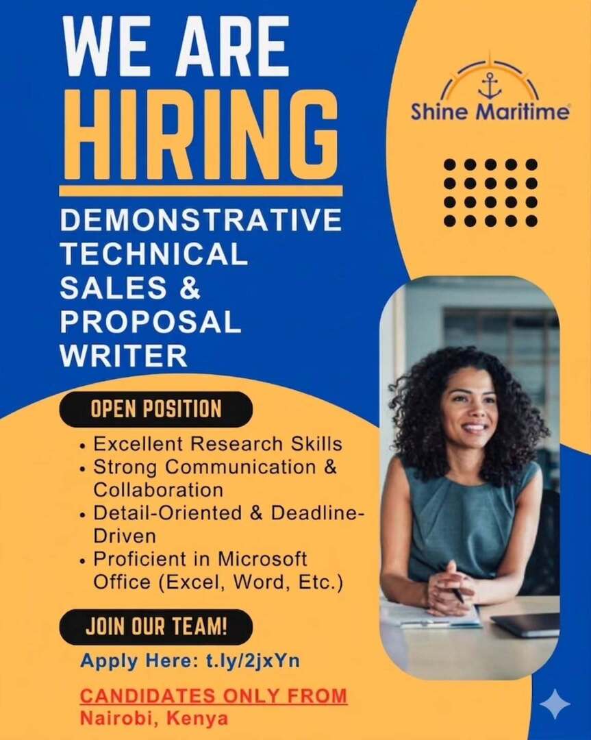 ShineMaritime's tweet photo. We're hiring: Proposal Writer / Sales role in Nairobi, Kenya. Deadline: June 30, 2026. Apply here: https://t.co/lEST3ckQDF

What skills or experiences would you bring to a proposal/sales role? Are you looking to advance in logistics and supply chain? #KENYA #Jobs #JobOpportunit… https://t.co/Y5FDx69ziU