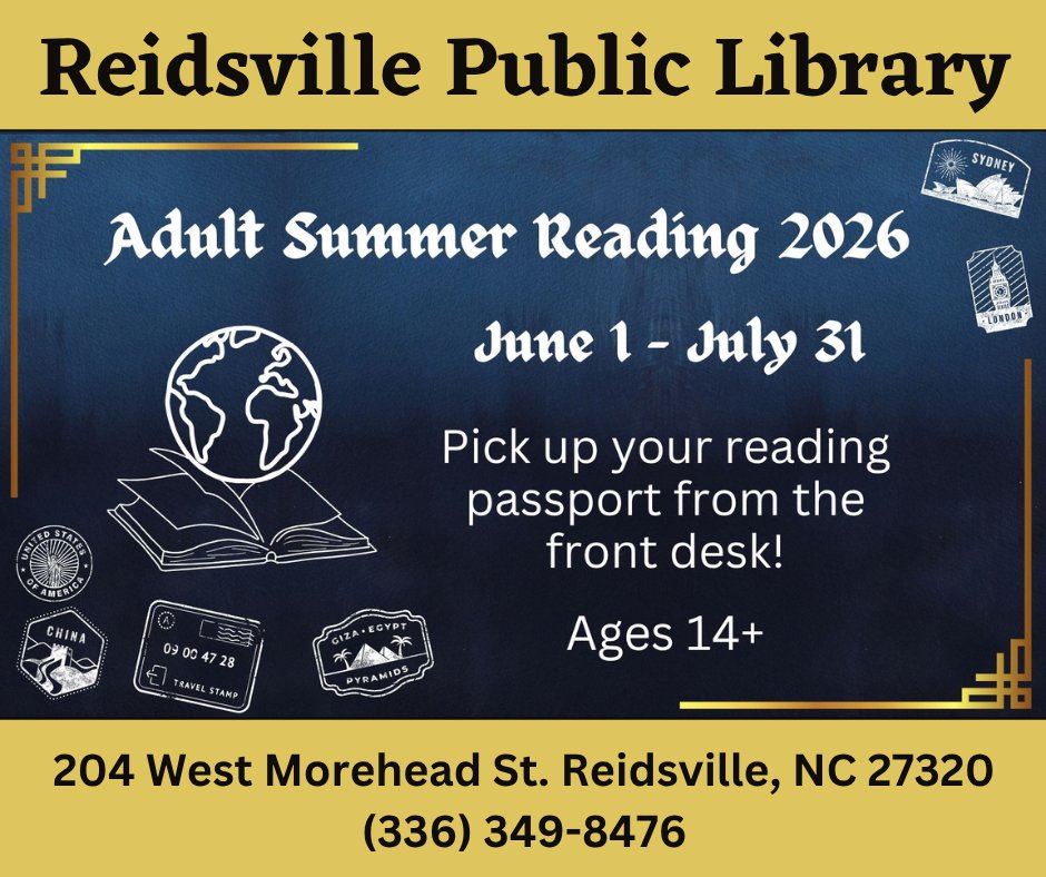 RCP_Library's tweet photo. Adult Summer Reading 2026 at Reidsville Library from Monday, June 1st until Friday, July 31st! Come pick up your reading passport at the front desk. Teen Corner at Reidsville Library on Mondays from 5pm until 6:30pm! There will be coloring, games, and crafts! 🧳🎲 https://t.co/jNkqqCztM7