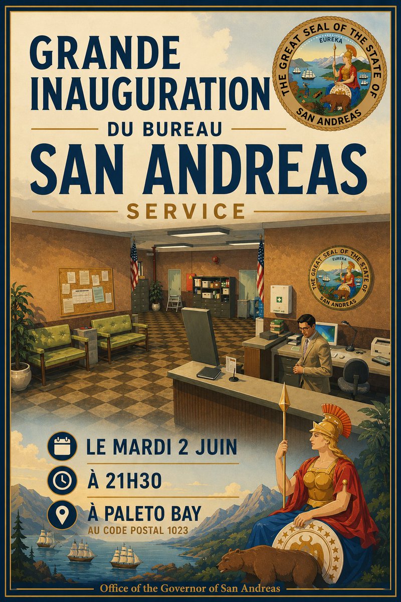 GouvernementSA's tweet photo. Le Gouverneur Bean vous convie à l'inauguration du Bureau San Andreas Service, le mardi 2 juin à 21h30.

Vous pourrez notamment y mettre à jour vos documents administratifs.
De plus amples détails vous seront communiqués sur place. https://t.co/weQccycU5O
